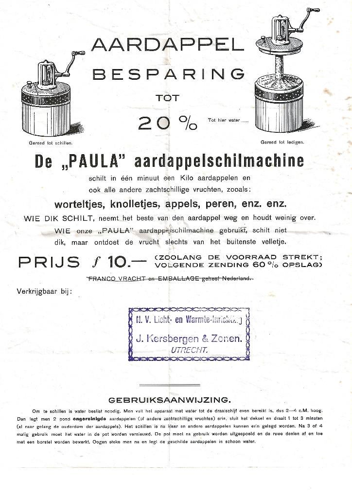 Reclameblaadje  voor een aardappelschilmachine, Ophalen of Verzenden, Gebruikt, Overige typen