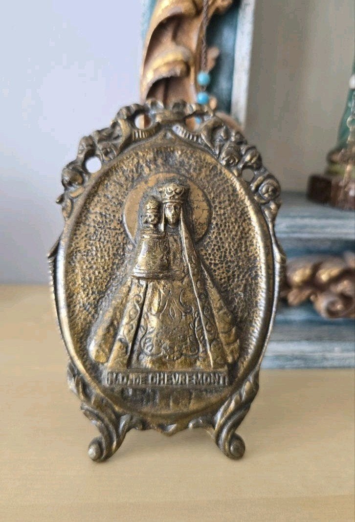 Oud bronzen standaardje met Maria en kind., Antiek en Kunst, Antiek | Religie, Ophalen of Verzenden