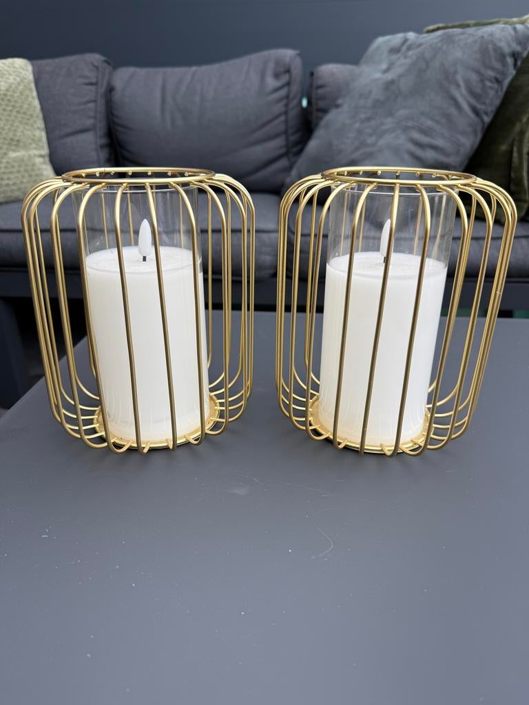 Middelgrote goudkleurige windlichten met timerkaarsen, Huis en Inrichting, Woonaccessoires | Kandelaars en Kaarsen, Overige kleuren