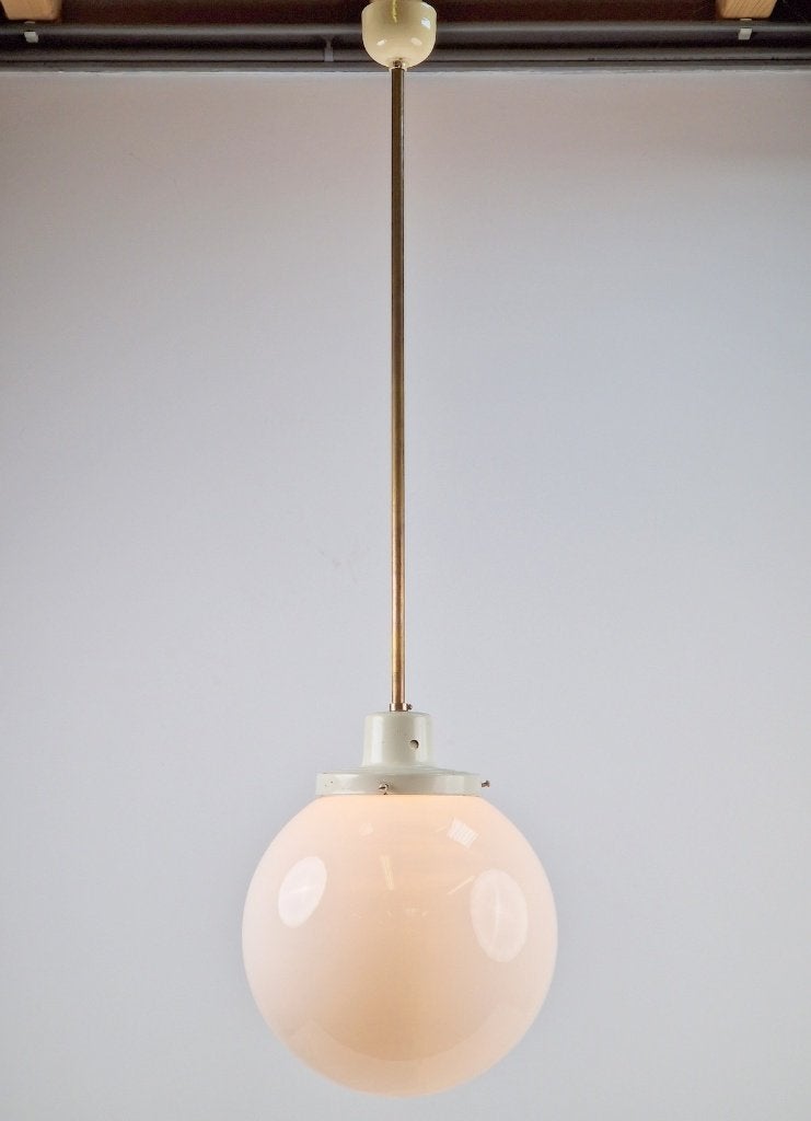 Vintage Art deco bol hanglamp schoollamp kopper stang ‘50, Gebruikt, Vintage, Glas, E27 (groot)