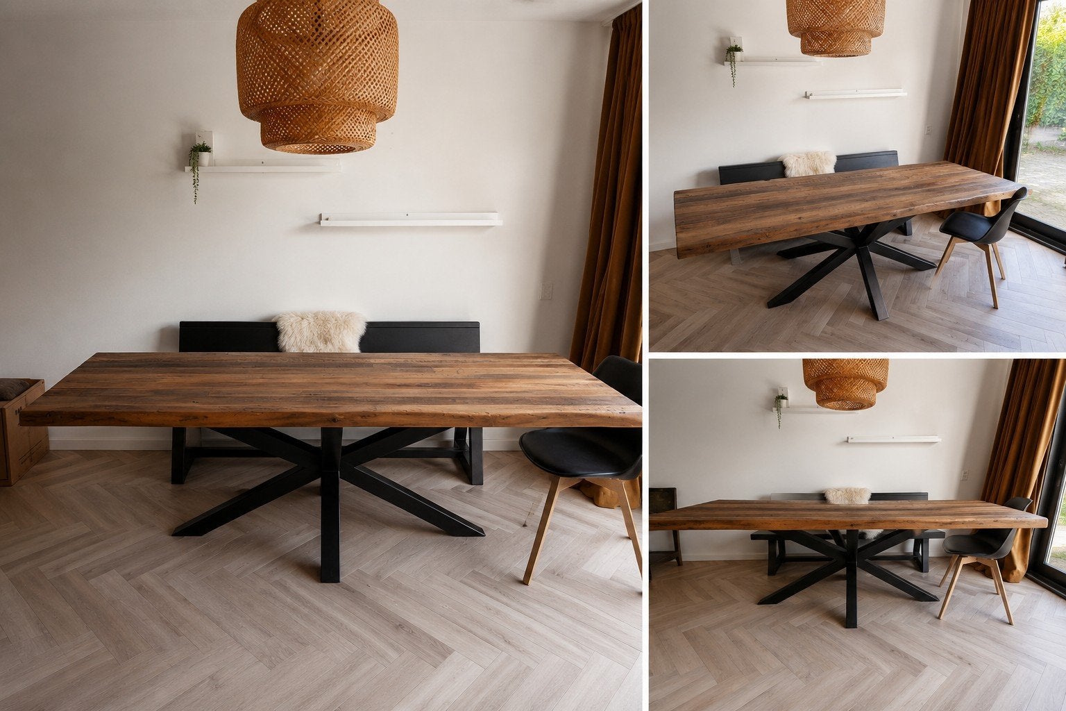 Robuuste houten eettafel met metalen onderstel, Huis en Inrichting, Tafels | Eettafels, Overige houtsoorten, Modern, Industrieel