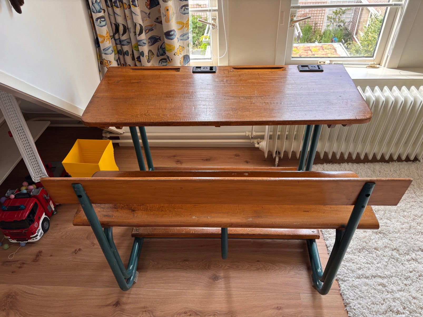 Klassieke tweepersoons schooltafel/bank; kinderbureau, Ophalen, Gebruikt, Tafel(s) en Stoel(en)