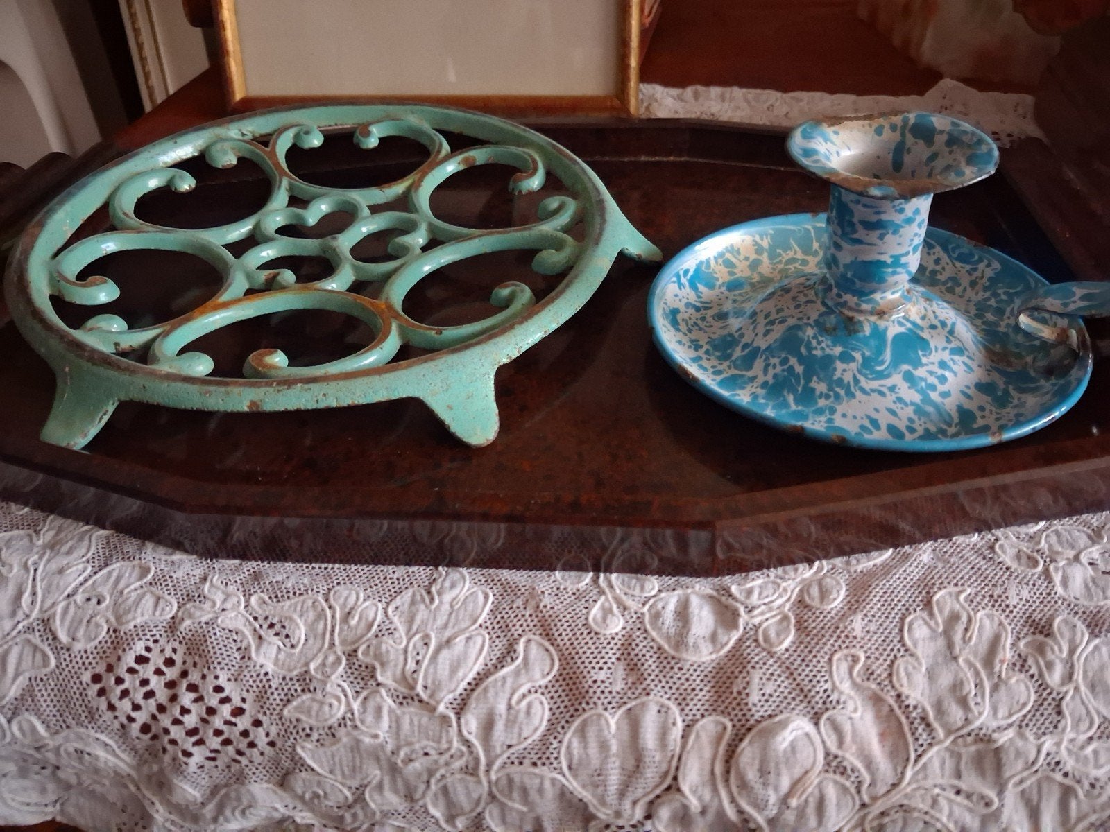 oude turquoise blaker en pannenonderzetter, Antiek en Kunst, Verzenden