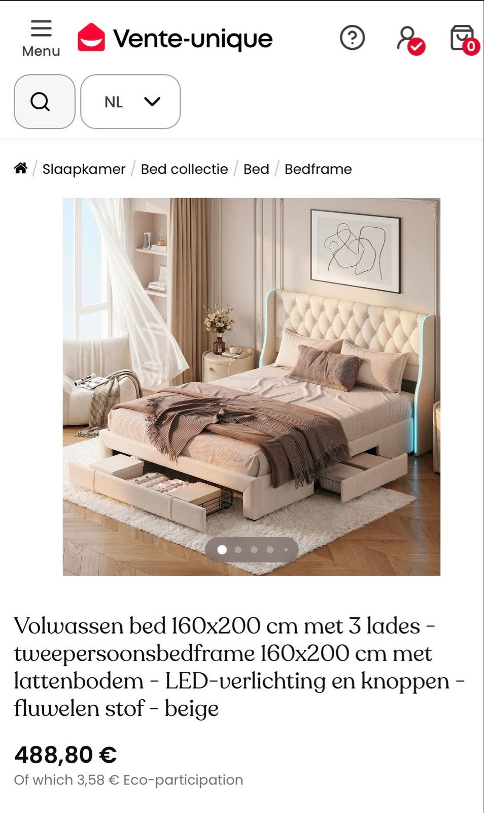 Splinternieuw tweepersoonsbed 160x200 cm met LED en lades, Ophalen, Beige, 200 cm, Stof