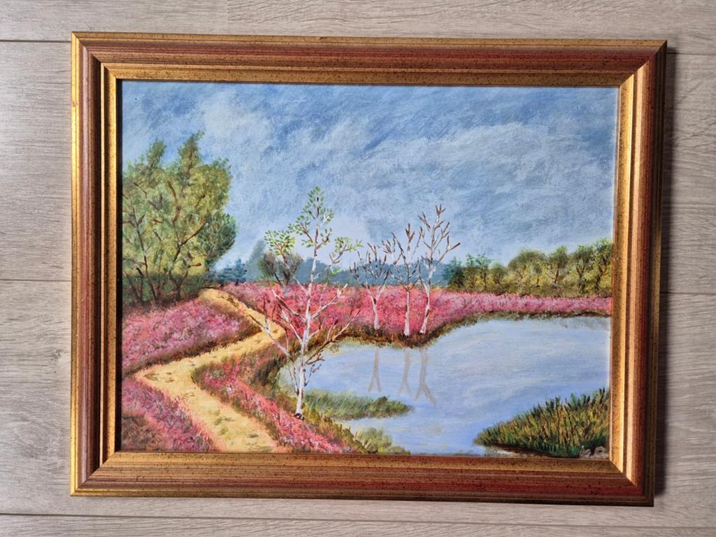 Mooi oud schilderij van bloeiende heide in gouden lijst., Ophalen of Verzenden