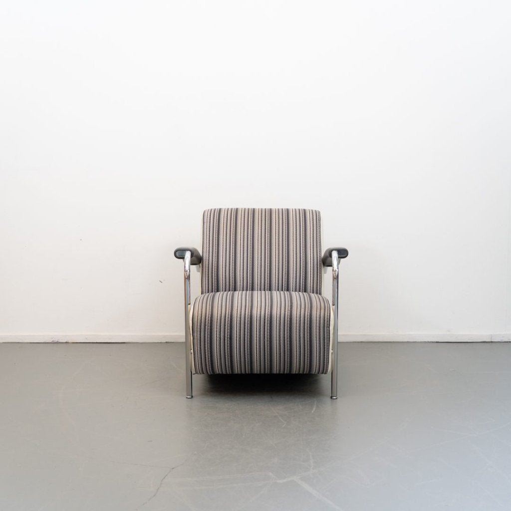 Leolux Scylla Laag Fauteuil Gestreept Stof/Wit Leer, Niet ingevuld, Leolux, Niet ingevuld, 75 tot 100 cm