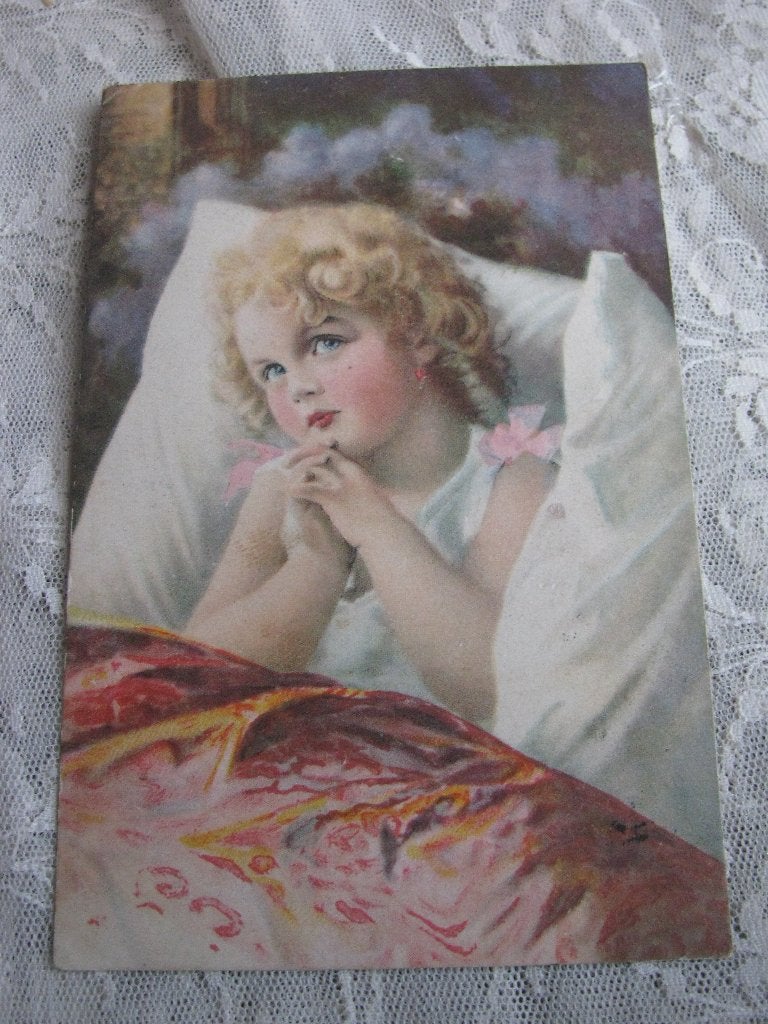 Antieke Kaart - Meisje met Gevouwen Handen in Bed, Verzenden, Voor 1920, Gelopen, Kinderen
