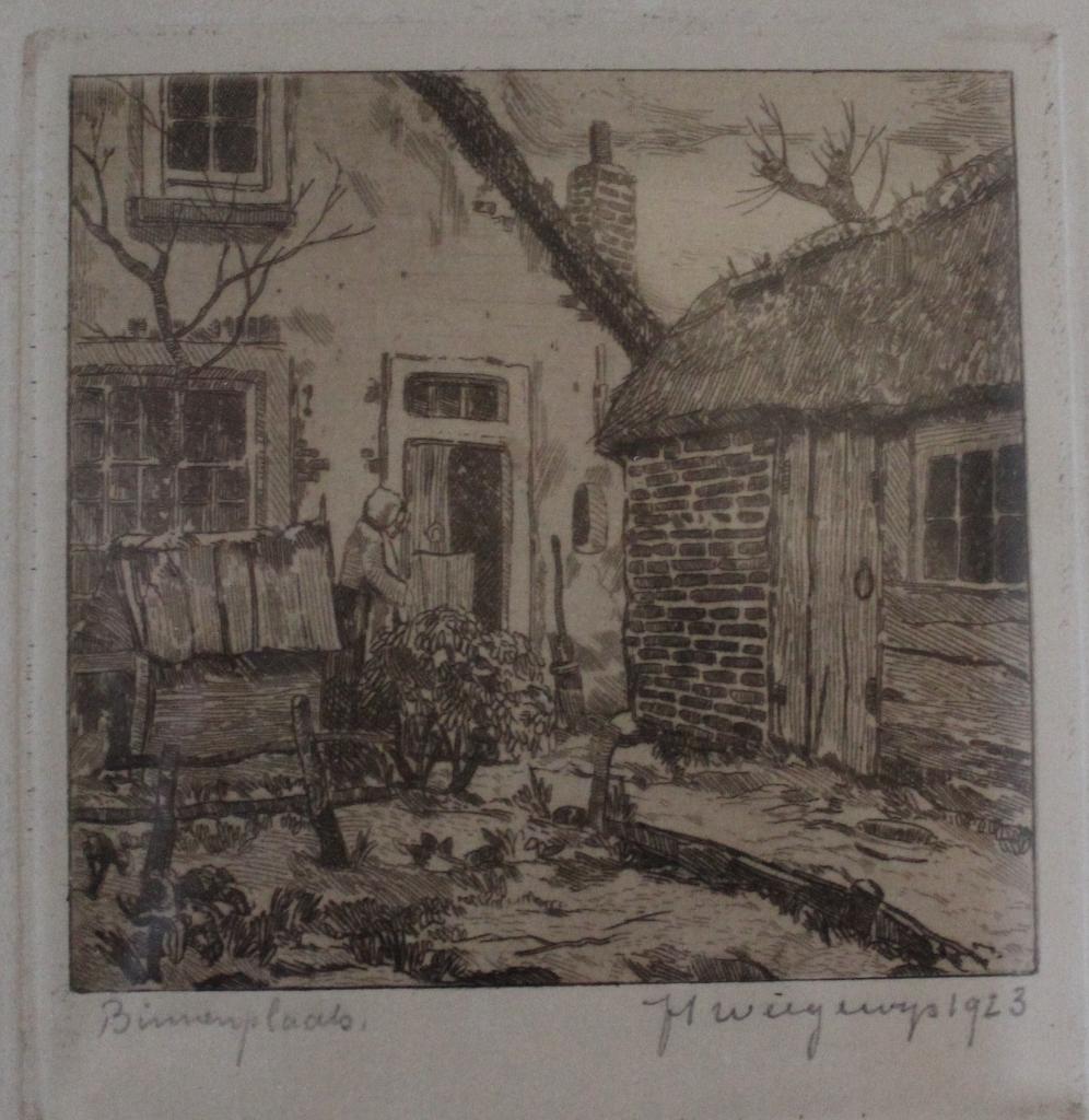 Ets - Hendrik Weegewijs (1878-1964) - Binnenplaats (1923), Dagelijks leven, Ets, Ophalen of Verzenden, 14 cm