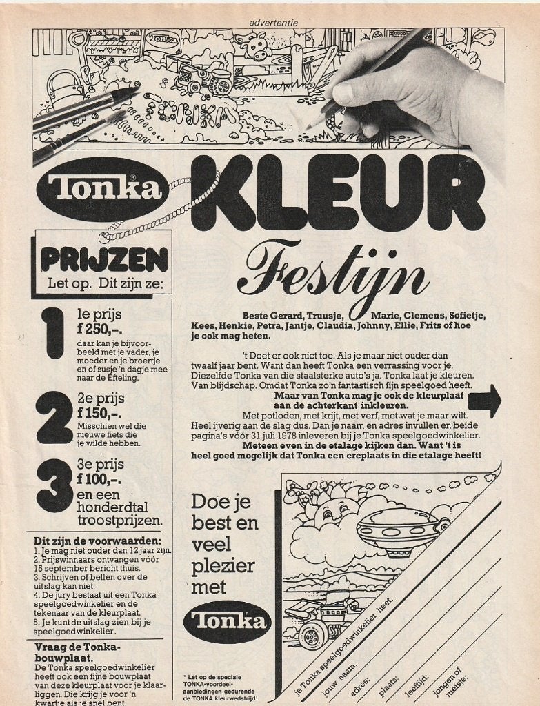 Retro reclame 1978 Tonka speelgoed kleur wedstrijd, Verzenden, Overige typen