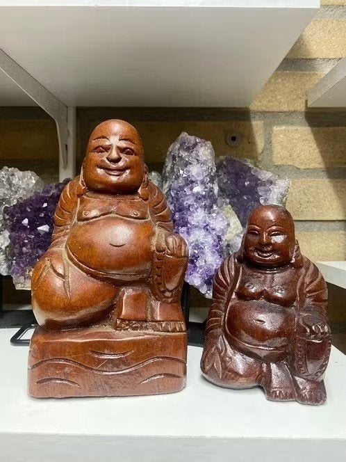 Set van 2 houten Happy Boeddha’s uit Thailand, Gebruikt, Handgemaakt, Niet van toepassing - particulier, Niet van toepassing - particulier