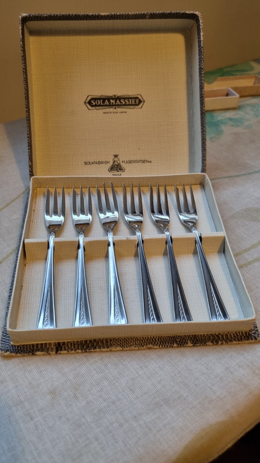 Set van 6 Sola Massief gebaksvorkjes in originele doos, Ophalen