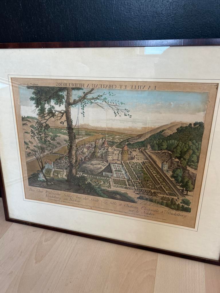 Antieke Gravure Heidelberg: Kasteel en Stad aan de Neckar, Antiek en Kunst, Handgekleurd, Stadsgezicht, Ophalen of Verzenden, Gravure