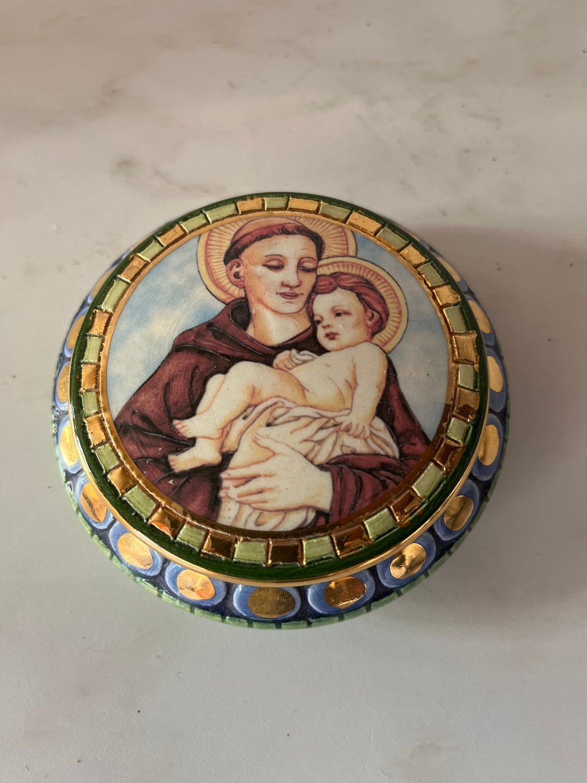 Antiek Italiaans Handgeschilderd Doosje met Religieuze Afbee, Ophalen of Verzenden