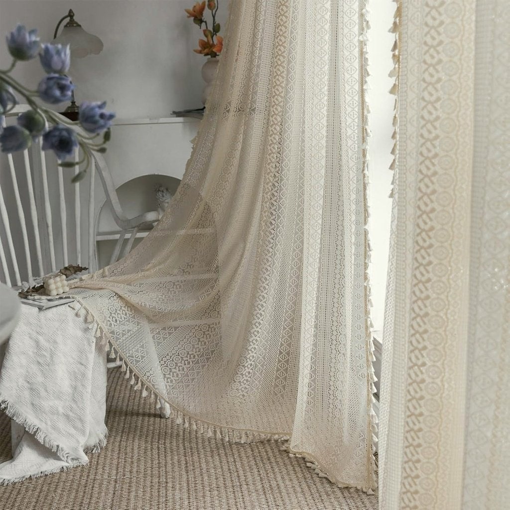 Vitrages Boho Bohemian Beige met kwastjes 2 stuks, Beige, Nieuw, Ophalen of Verzenden, 250 cm