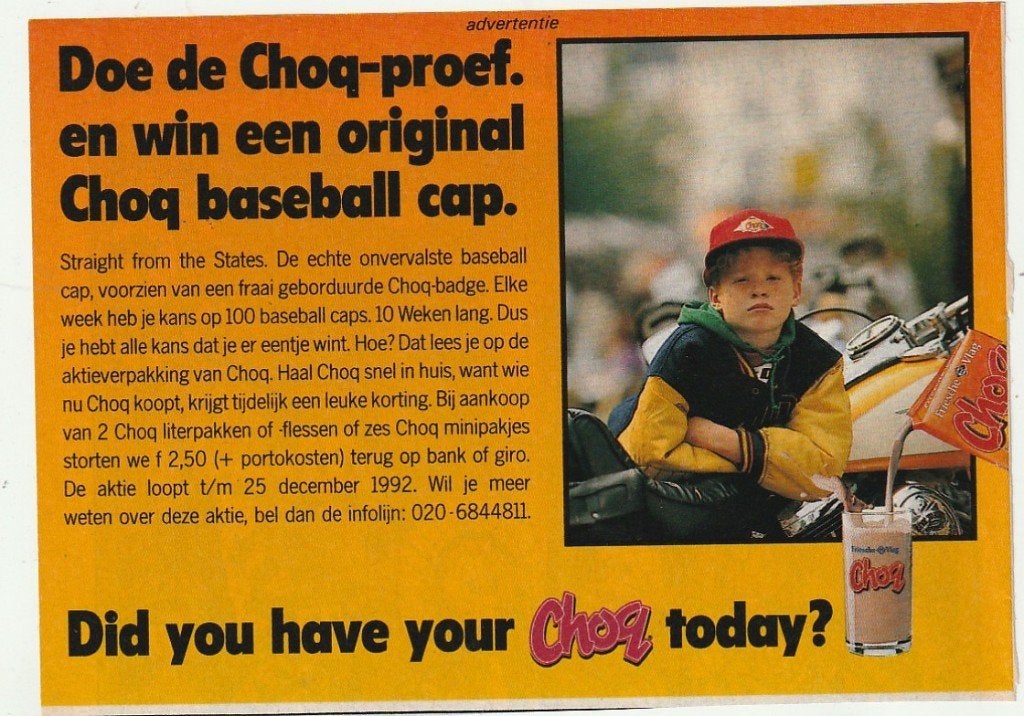 retro reclame 1988 Friesche Vlag Choq jongetje petje, Verzenden, Overige typen