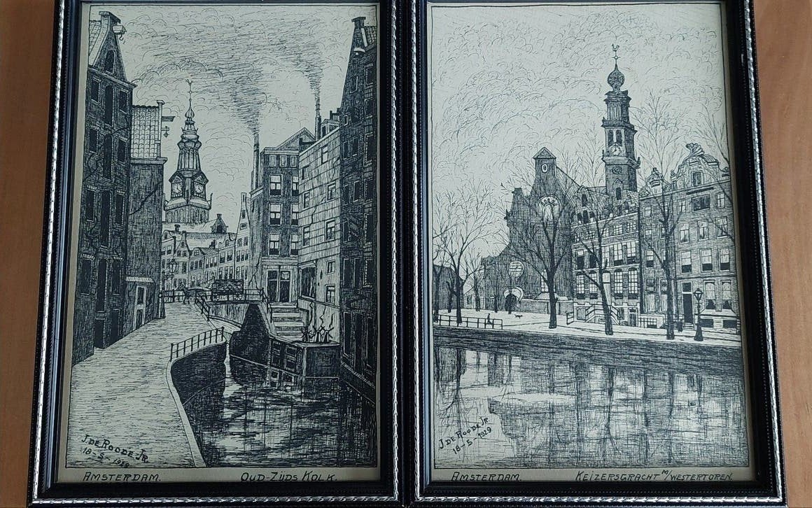 Twee ingelijste pentekeningen van Amsterdam, 1929, Ophalen, Tekening, Pentekening, Ingelijst