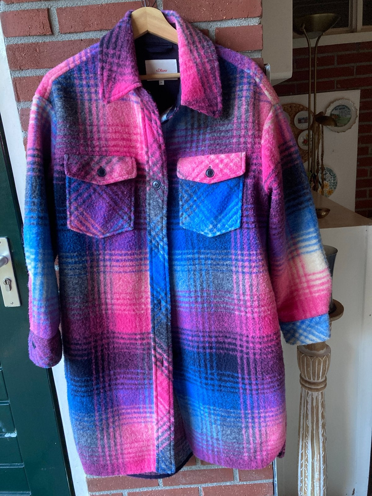 S.Oliver geruite mantel in roze, blauw en zwart maat 38, Ophalen of Verzenden, Zo goed als nieuw, Maat 38/40 (M), Meerkleurig