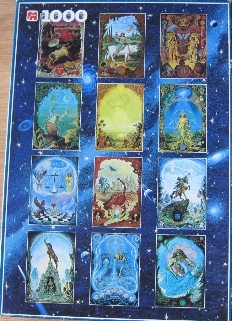 puzzel met de 12 tekens van de Dierenriem - sterrenbeelden, Ophalen of Verzenden, 500 t/m 1500 stukjes, Zo goed als nieuw, Legpuzzel