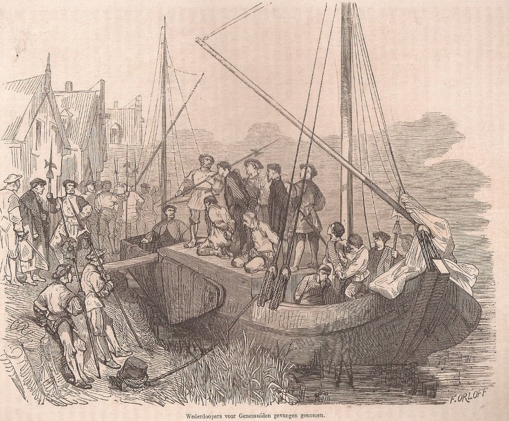 Wederdoopers voor Genemuiden gevangen genomen houtgravure, Antiek en Kunst, Gesigneerd, Gravure, 15 cm, 16 cm