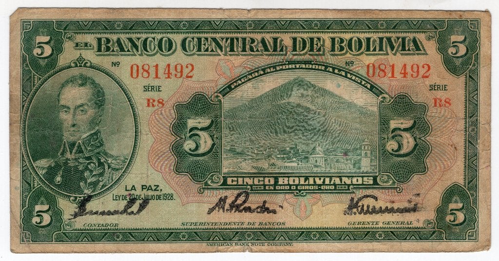 Bolivia 5 Bolivianus 1928, Ophalen of Verzenden, Zuid-Amerika