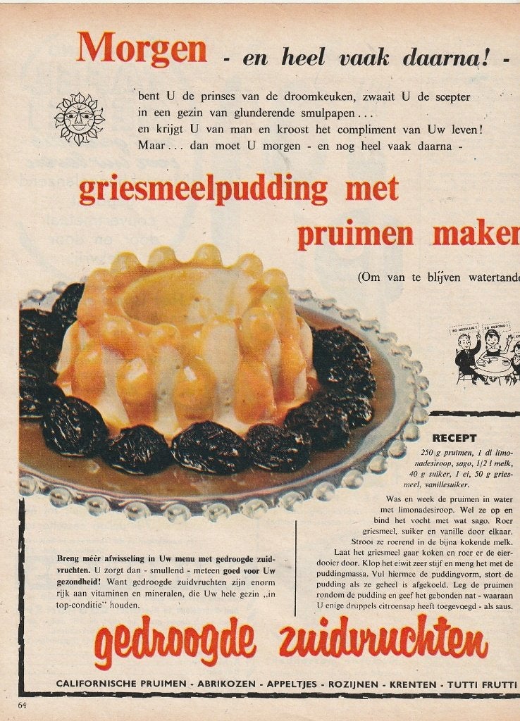 retro reclame 1960 Gedroogde Zuidvruchten zuivel pudding, Verzenden, Overige typen