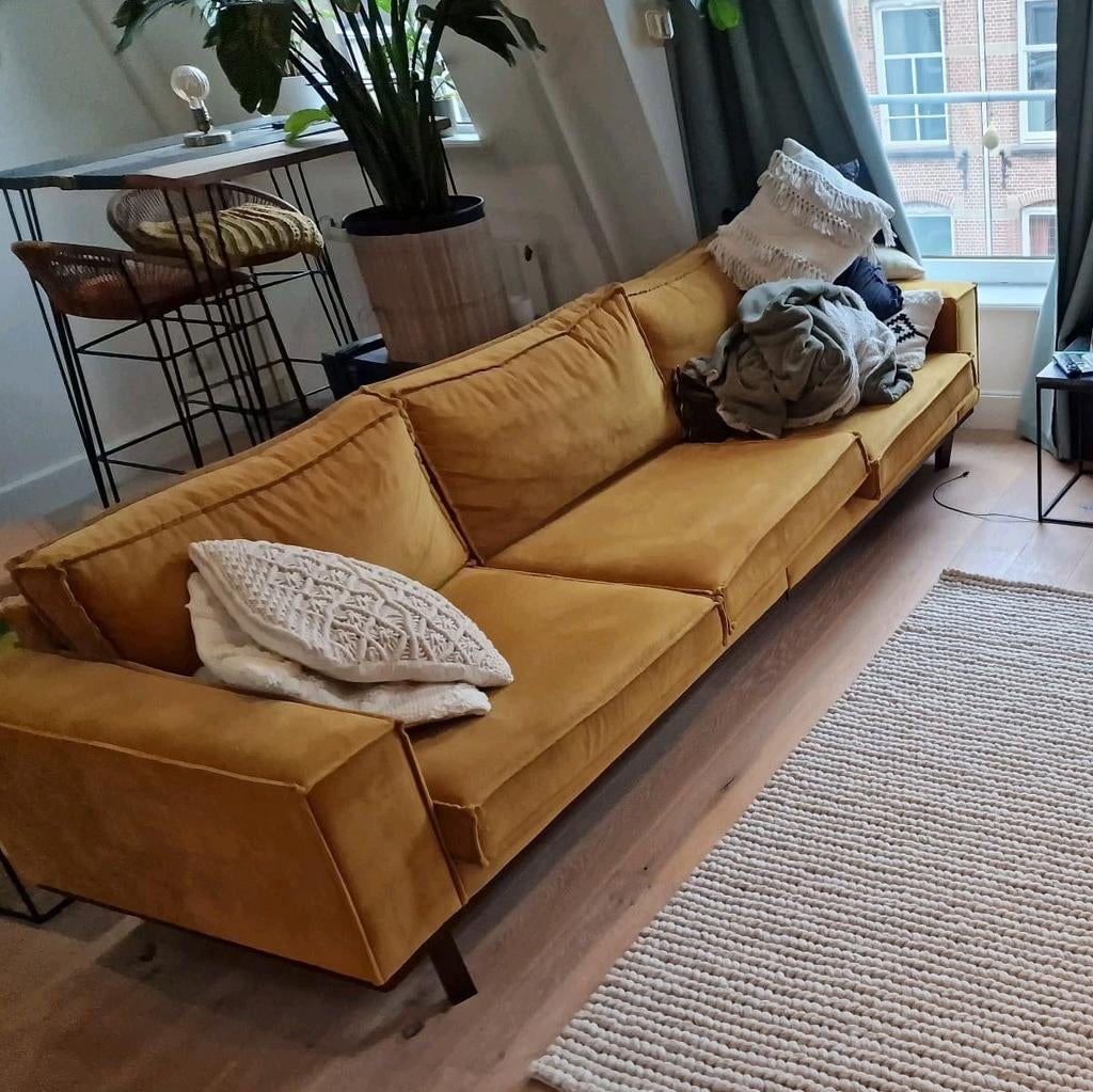 Bank okergeel velours/velours (nous living 4-zitsbank VERONA, Ophalen, Gebruikt, 75 tot 100 cm, Stof
