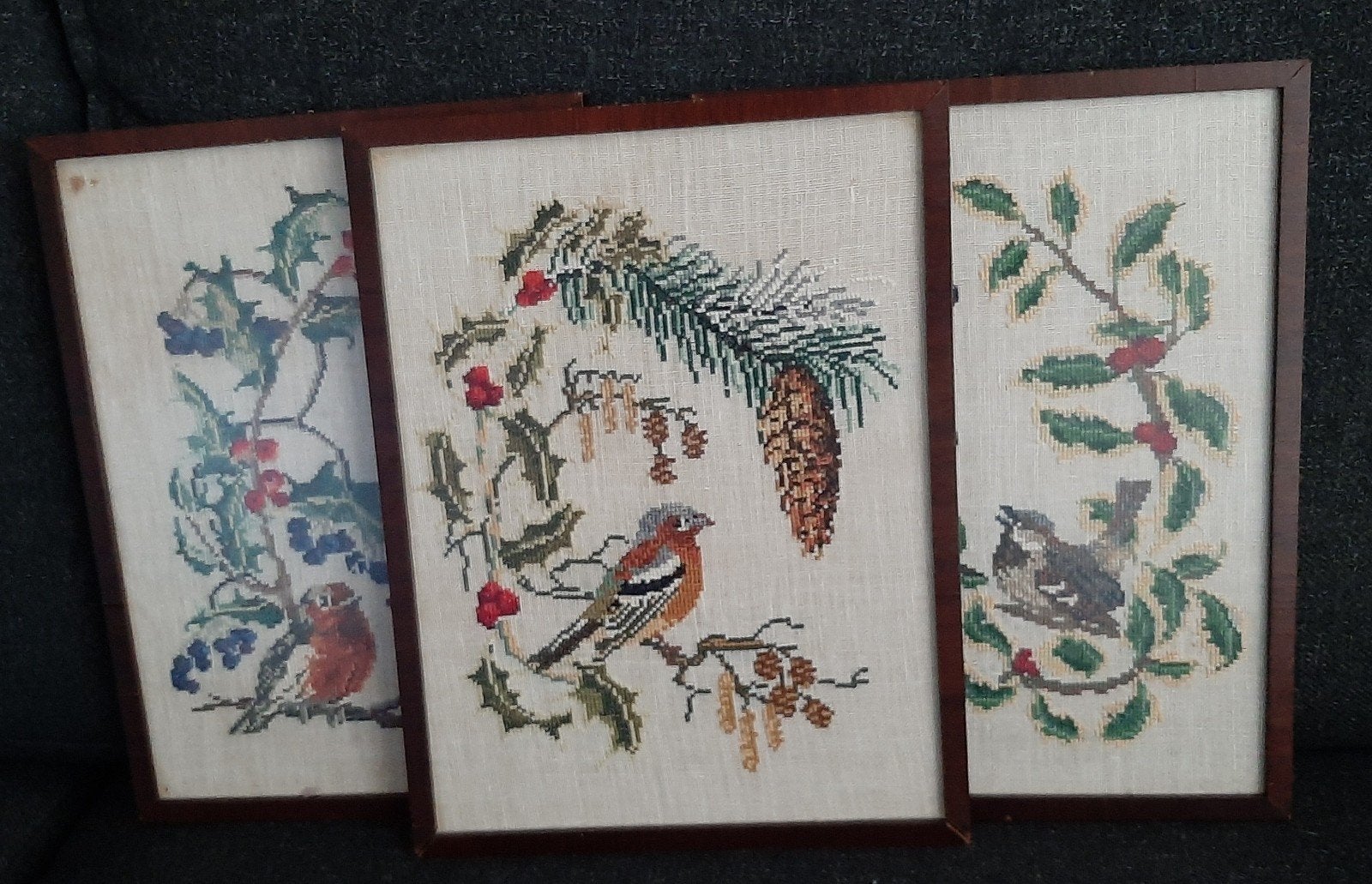 Borduurwerk vogeltje op tak 3x, Antiek en Kunst, Ophalen of Verzenden