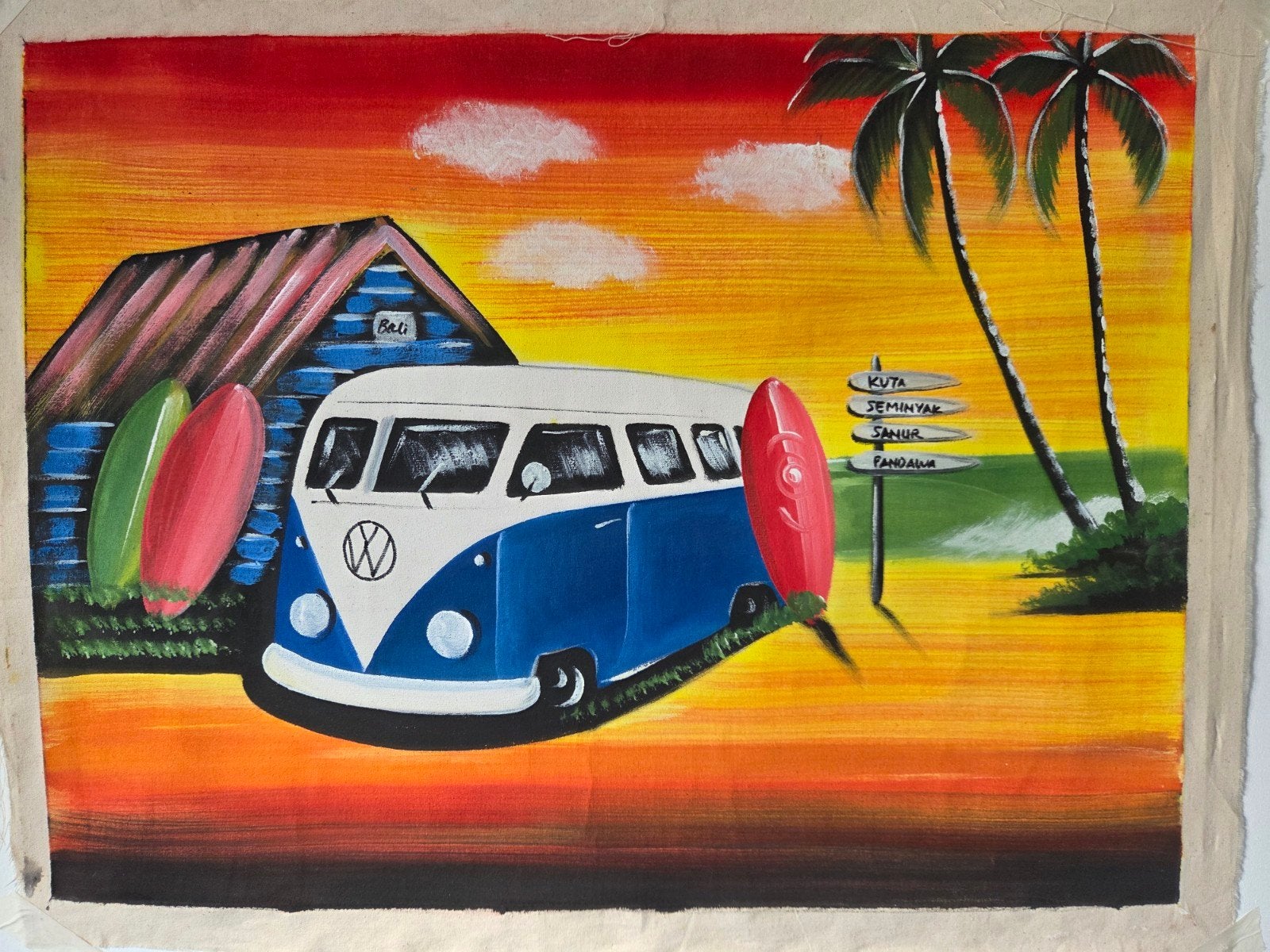 Schilderij Bali Volkswagen busje surfplanken, Voertuigen, Handgeschilderd, Ophalen of Verzenden, Olieverf