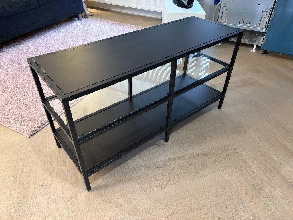 Zwart modern, industrieel tv meubel IKEA, Huis en Inrichting, Kasten | Televisiemeubels, Ophalen, Minder dan 50 cm, Gebruikt, Glas