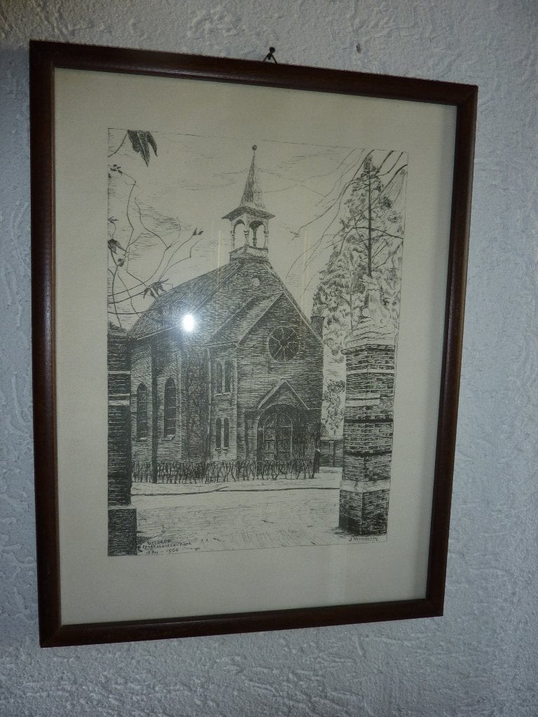 oude tekening ets protestante kerk geldrop, Ophalen of Verzenden