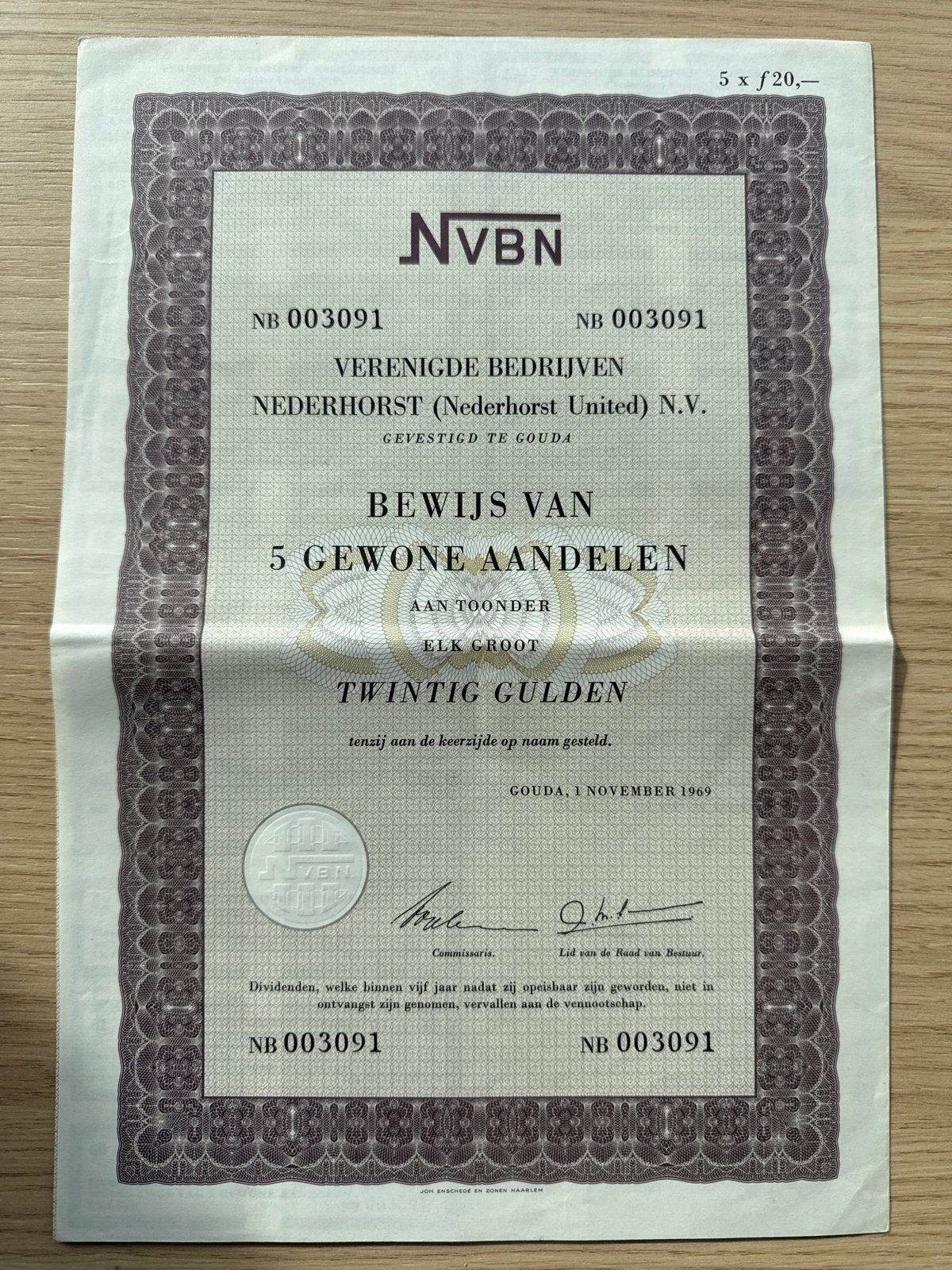 Oud aandeel Verenigde Bedrijven Nederhorst N.V. 1969, Ophalen of Verzenden, 1950 tot 1970, Aandeel