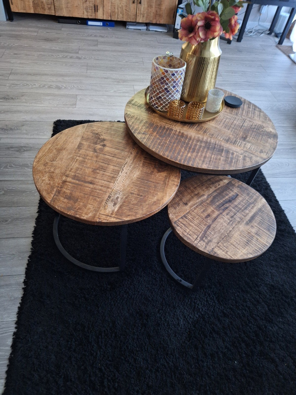 Set van 3 mango bijzettafels / salontafels, 50 tot 100 cm, Rond, Industrieel, Modern, 50 tot 100 cm