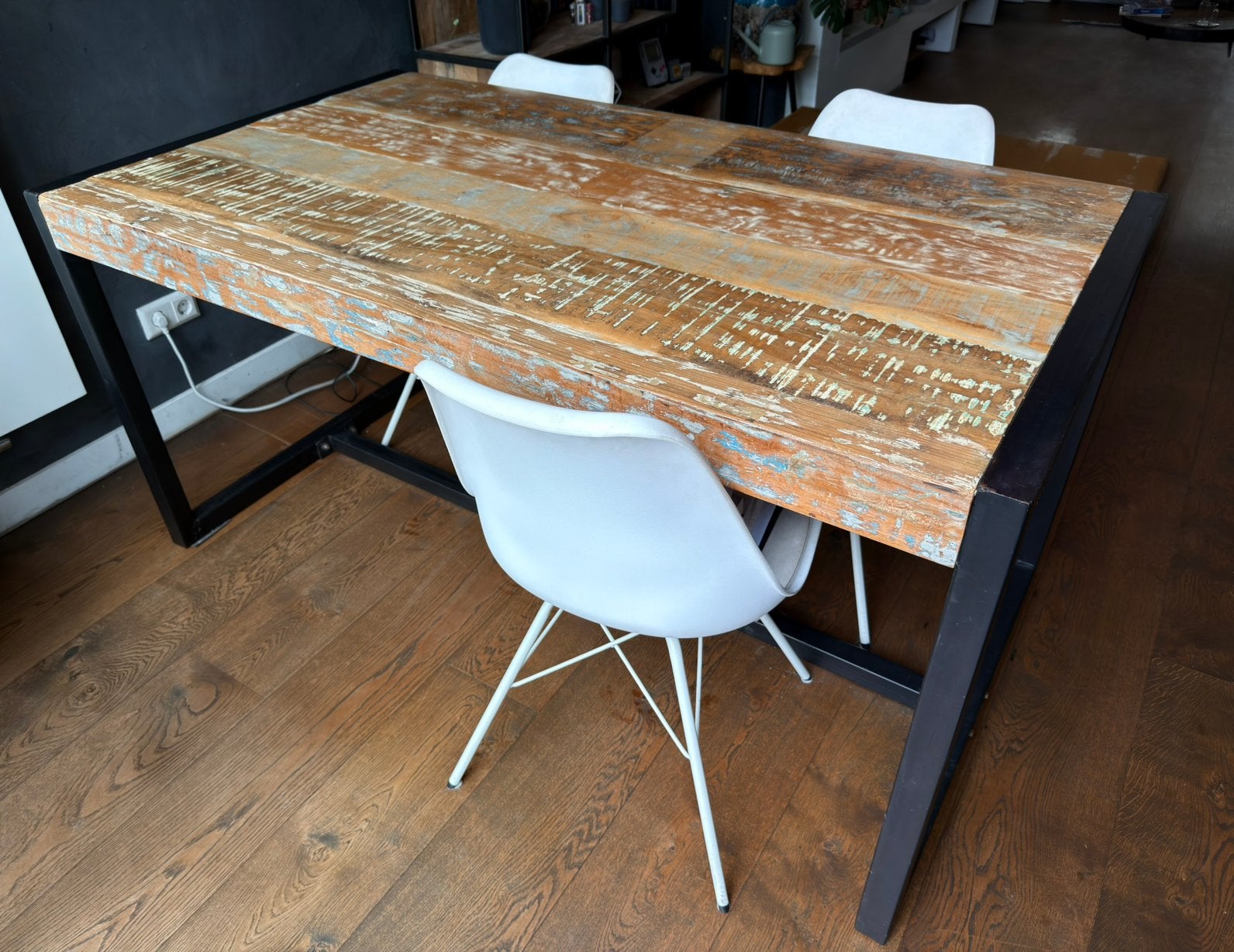 Stoere industriële eettafel | hout & staal | 160x90, Ophalen, Gebruikt, 50 tot 100 cm, 150 tot 200 cm