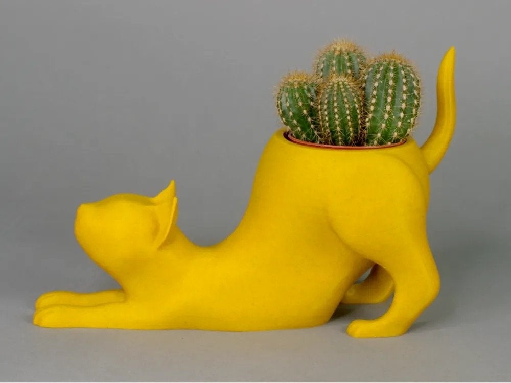 Gele katten plantenpot - Decoratieve bloempot zonder plant, D, Kunststof, C, Ophalen of Verzenden