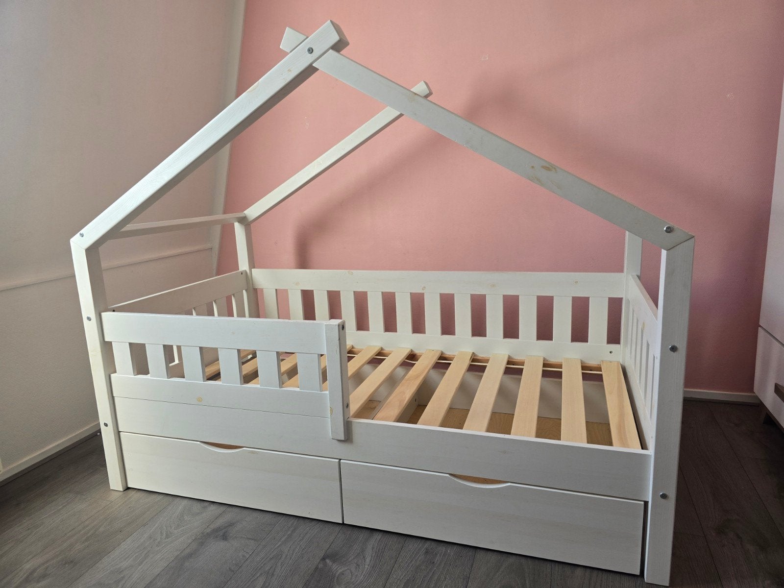 wit kinderbed met lades - huisjebed, Ophalen, 90 cm, Eenpersoons, Wit