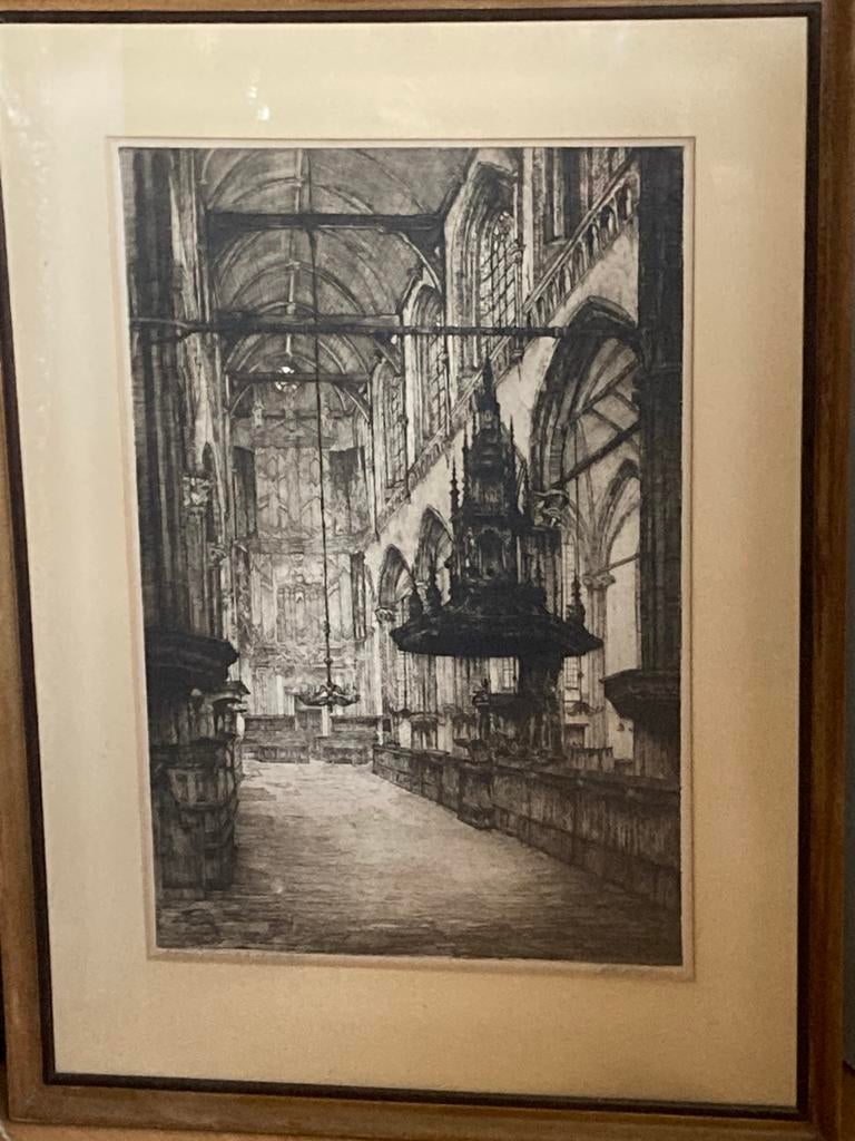 Ets Nieuwe Kerk Amsterdam door Johan D. Scherft, Antiek en Kunst, Ophalen, Ingelijst, Ets, Architectuur
