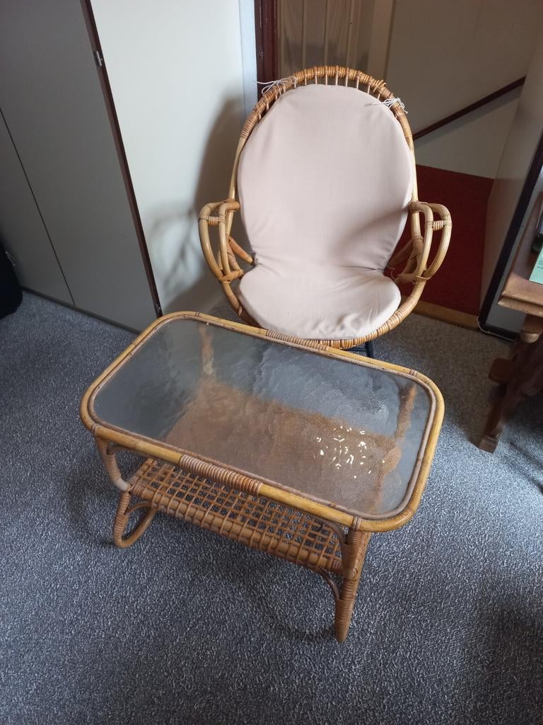 Vintage rotan set: tafeltje met stoel en kussen, Ophalen