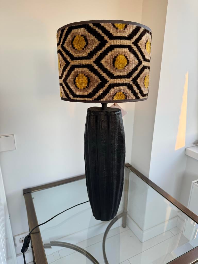 Lampenkap velvet ikat stof met patroon, Huis en Inrichting, 25 tot 50 cm, Rond, Grijs, Ophalen of Verzenden