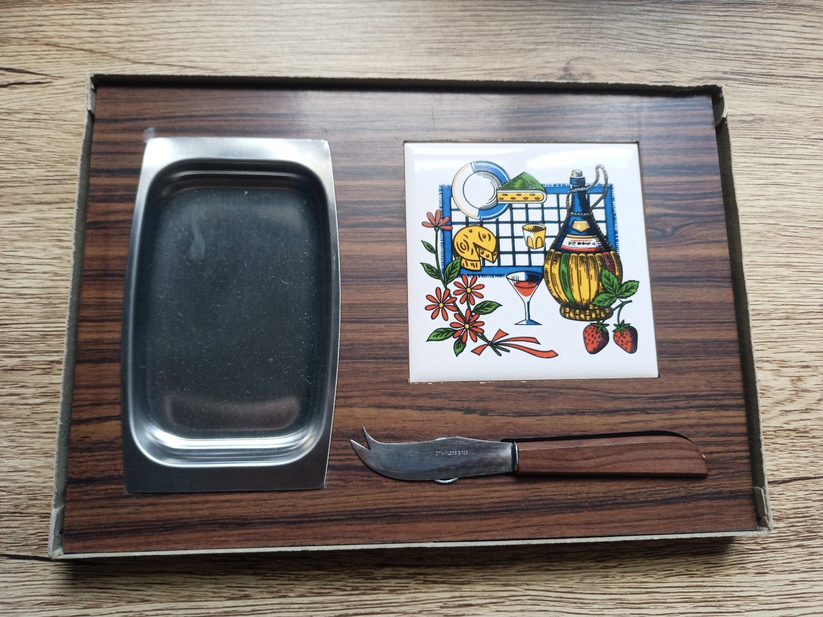 Vintage Kaasplank met RVS bakje en kaasmes, Ophalen of Verzenden