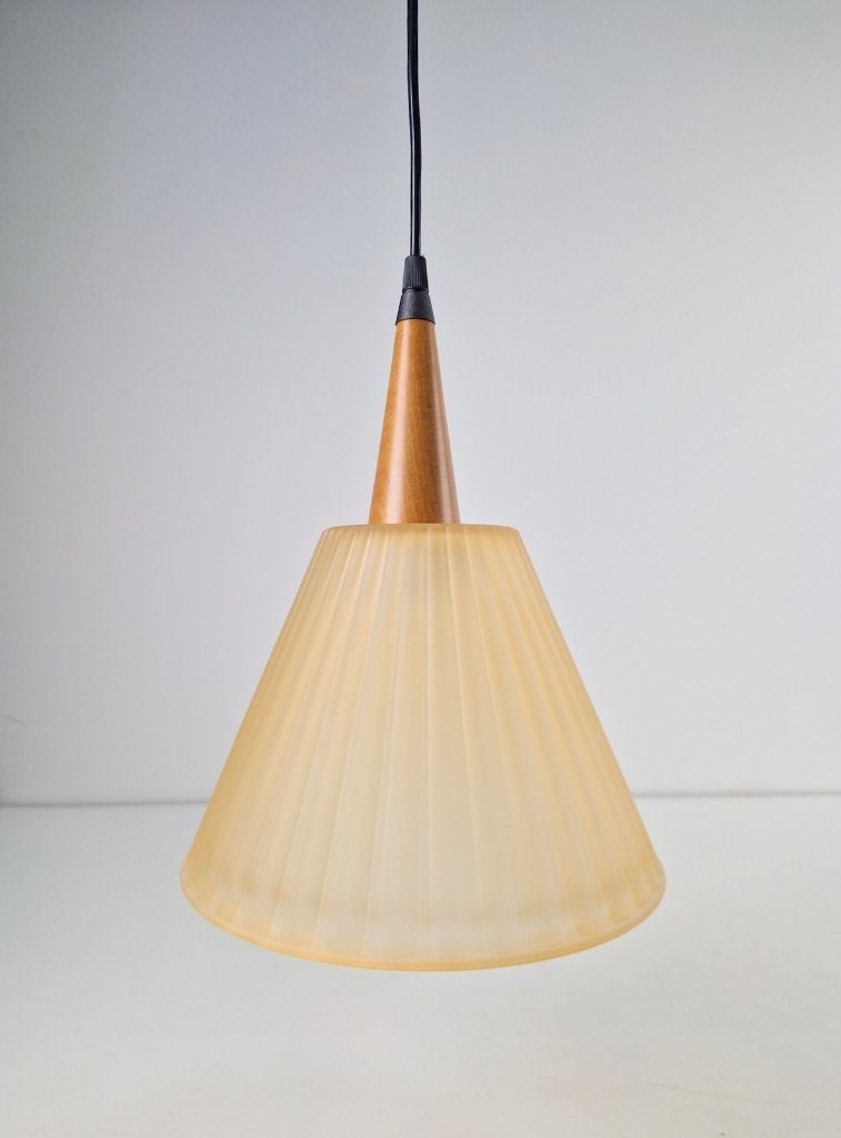 Vintage micron hanglamp hout glas italy design ‘80 jaren, Vintage, Zo goed als nieuw, Glas, E27 (groot)