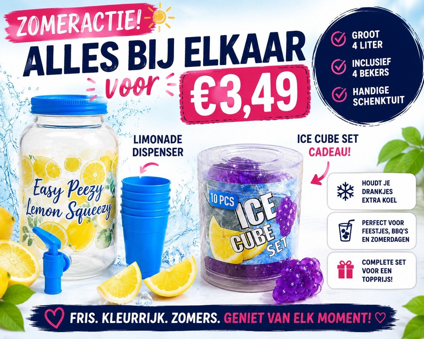 Zomeractie Limonade dispenser met bekers en ijsblokjes set, Nieuw, Ophalen of Verzenden, Meerkleurig, Overige merken