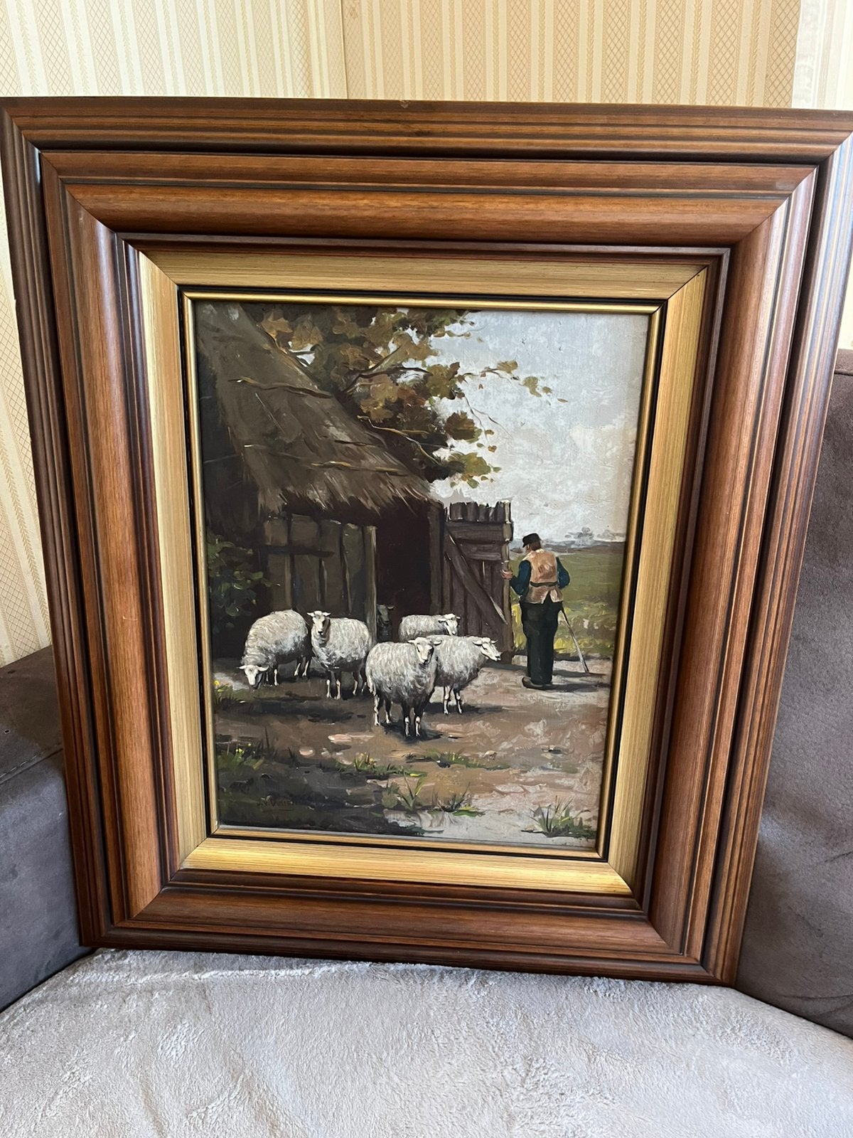 Prachtige olieverf schapen met herder schilderij, Ophalen