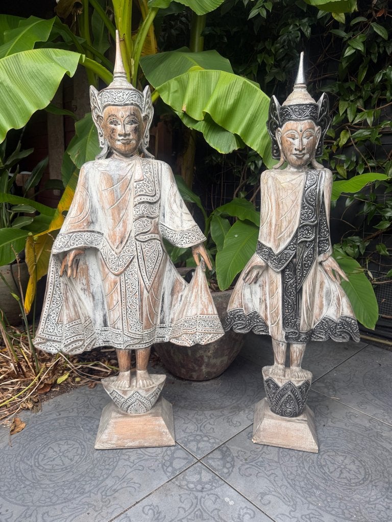 Massief thaise boeddha handwerk tempelwachter wit bewerkt, 120 cm, Verburgt Vintage, Handgemaakt, Nieuw