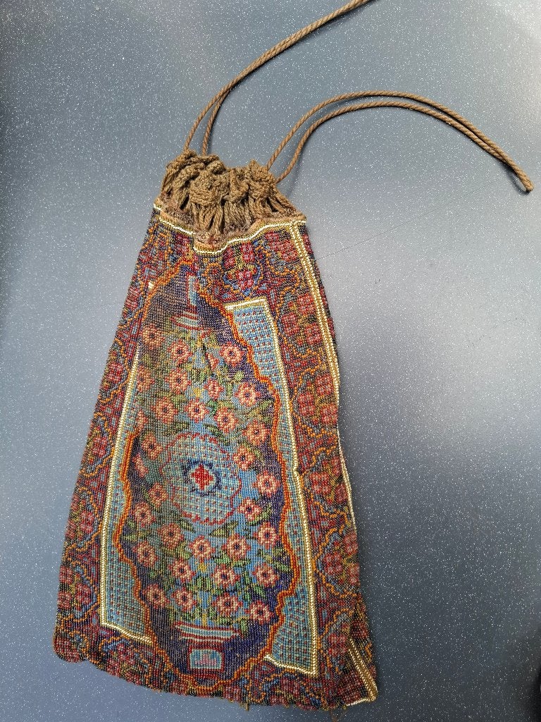 Antieke grote kralenbuideltas kralentas 30 cm, Ophalen of Verzenden