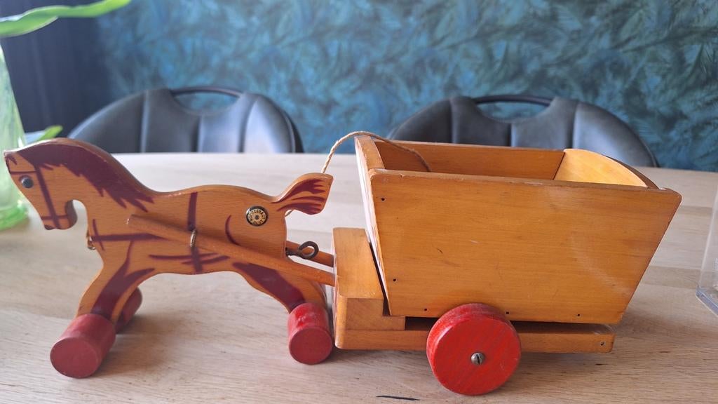 Vintage jaren '60 houten paard en wagen V&D, Antiek en Kunst, Antiek | Speelgoed, Ophalen of Verzenden