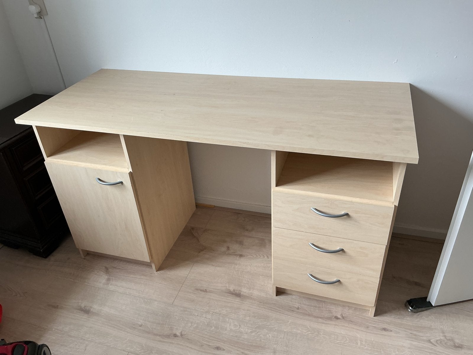 Bureau met lades en kastje - licht hout en buro stoel, Ophalen, Gebruikt, Met lades, Spaanplaat of MDF