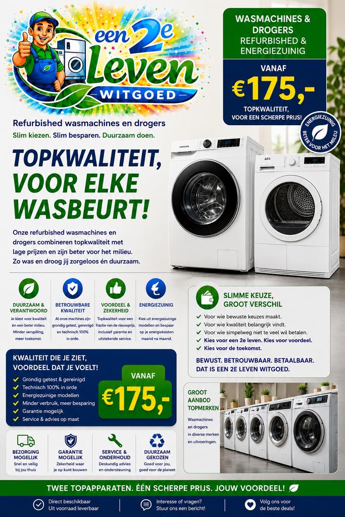 Refurbished A-merken wasmachines & drogers - Topkwaliteit!