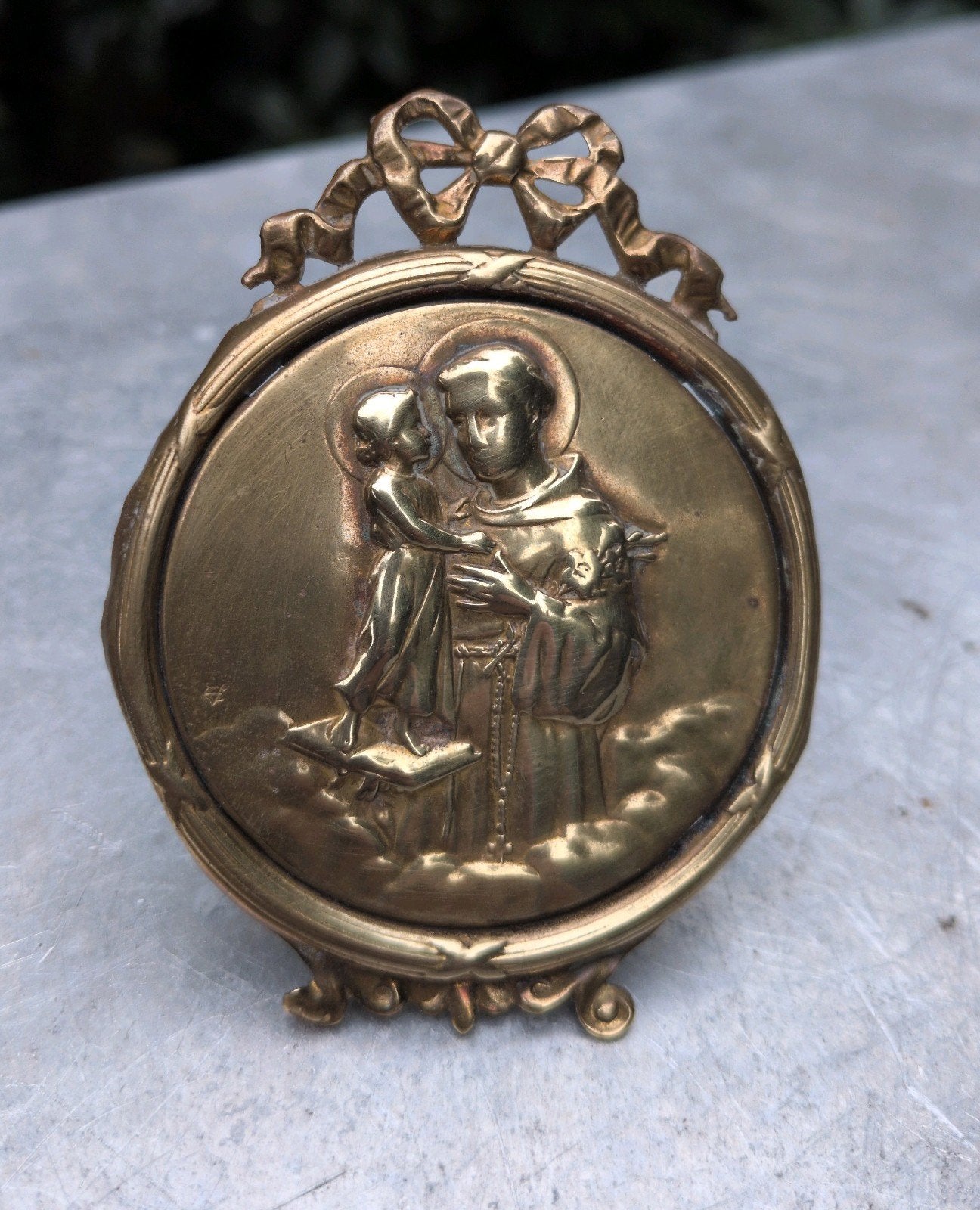Antiek Frans verguld altaarbeeldje St. Antonius met kindje, Ophalen of Verzenden