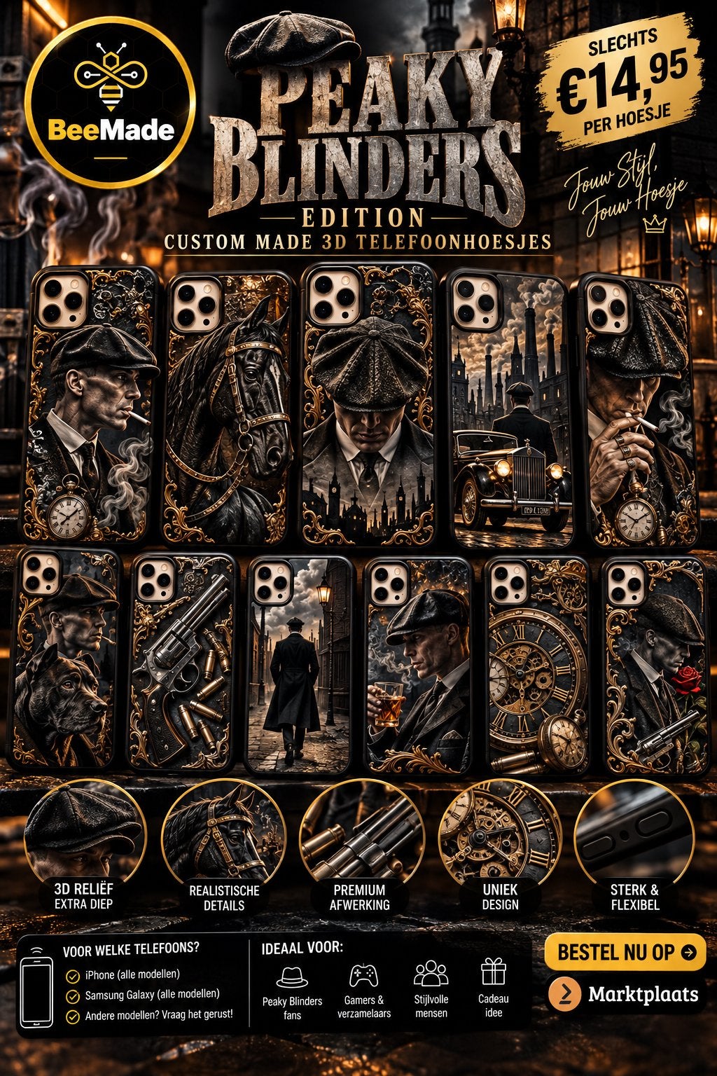 Peaky Blinders 3D Telefoonhoesjes - Diverse Modellen, Telecommunicatie, Kunststof, IPhone 15, Overige merken, Nieuw