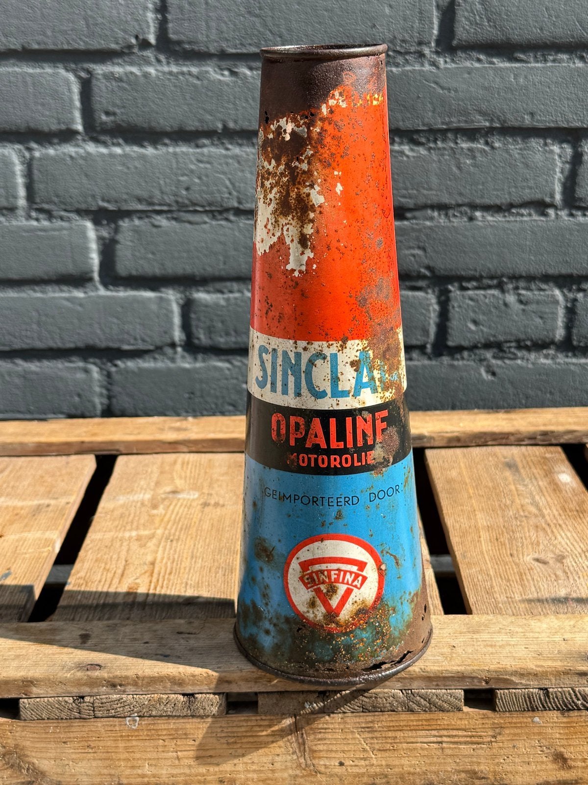 Vintage Sinclair Opaline Motorolie blik - Roestig decor, Ophalen of Verzenden